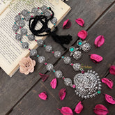 Vriksham Lakshmi With Paisley Motif Chain Oxidized Silver With Black Thread Neckpiece-Red Green-S989